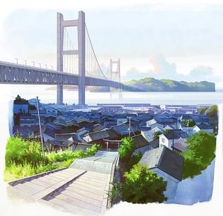 舞台となる岡山県・児島の背景美術画