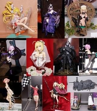 写真左上から右「水着ネロ」（夢のカグツチノ公国）「ジャンヌオルタ 聖夜の晩餐」（カーブモデルズ）「アルトリア・ペンドラゴン・オルタ」（XELFLEX）「等身大マシュ」（Sakai Workshop）「ネロ・ブライド」（スノー☆キャット）「フルアクション 山の翁」（放課後リボル部）「マシュバニー」（うさPハウス）「フランちゃん」（ねこみんと）「イシュタル」（硫黄泉）「エレシュキガル」（モワノー）「水着ふらんちゃん、バベッジ(ロコモーティブフォーム)、パパ」（龍閃堂）「フランケンシュタイン（水着第2段階）、ニトクリス（水着第1段階）」（ゲニートラガー）