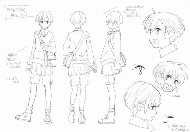 主人公・前澤栞(制服&ハーフパンツ姿)のキャラクター設定。あわせて表情も描かれている