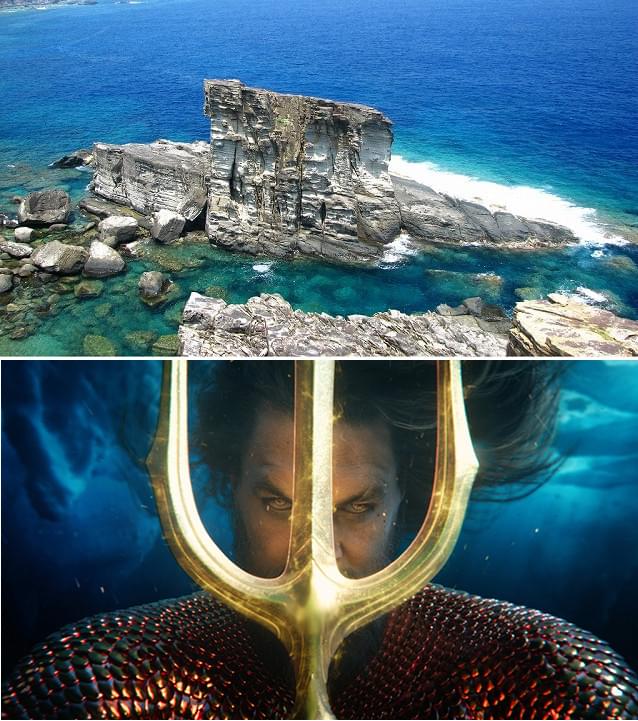 与那国島の絶景、軍艦岩（上）と新作「アクアマン 失われた王国」
