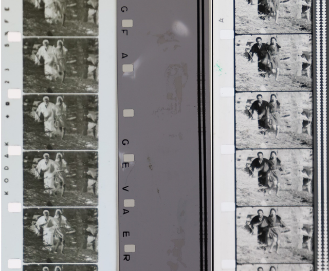 左から「わらじ片っぽ」画ネガ、音ネガ、上映用ポジ。音ネガと上映用ポジの右端にある2本の波状のものが、音声を光学信号に変換して記録したモジュレーション