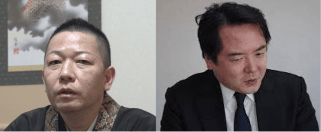 写真左より河村照道住職、物件公示サイト管理人の大島てる氏