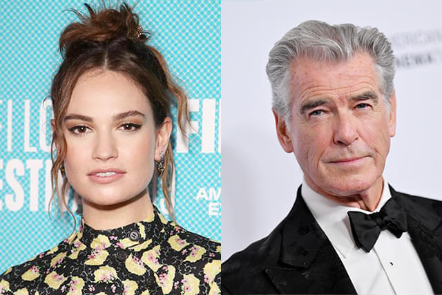 リリー・ジェームズ(左)、ピアース・ブロスナン(右)