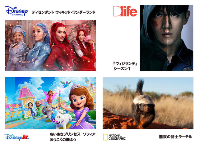「ディセンダント ウィキッド・ワンダーランド」（左上）、「ヴィジランテ」シーズン1（右上）、「ちいさなプリンセス ソフィア おうこくのまほう」（左下）、「無双の闘士ラーテル」（右下）