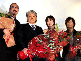 「パプリカ」（左から）今敏監督、筒井康隆、林原めぐみ、古谷徹