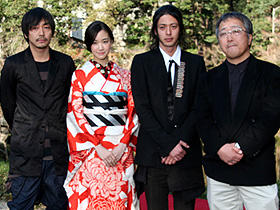 「蟲師」 （左から）大森南朋、蒼井優、オダギリジョー、大友克洋監督