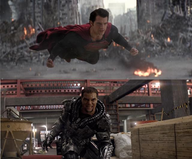 壮絶バトルを展開するスーパーマン（上）とゾッド将軍（下）