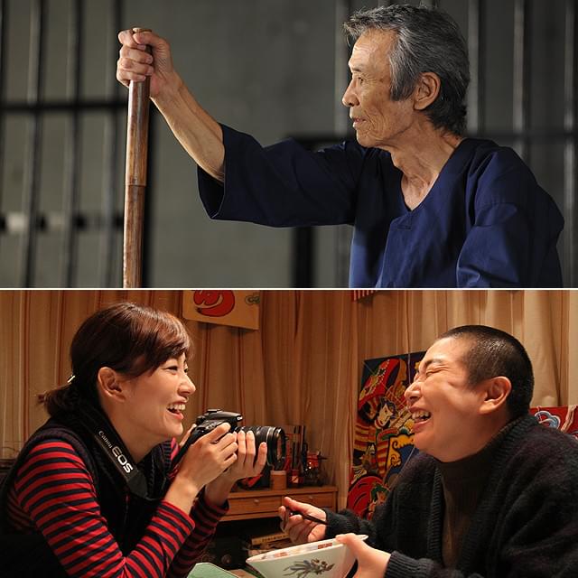 (写真上)「太秦ライムライト」の福本清三 (写真下・右)「福福荘の福ちゃん」で男役を演じた大島美幸