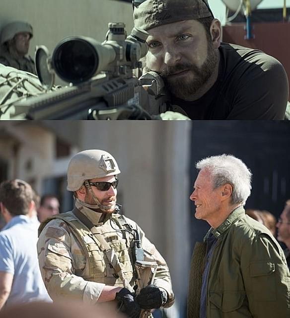 （上）「アメリカン・スナイパー」の一場面 （下）撮影中のイーストウッドとブラッドリー・クーパー