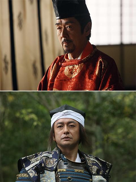近衛前久役の寺尾聰（上）と 明智光秀役の石丸幹二（下）