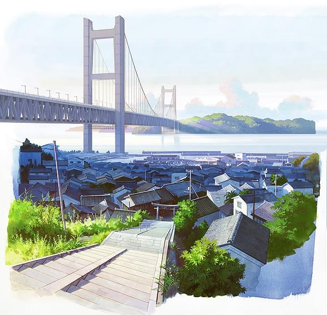 舞台となる岡山県・児島の背景美術画