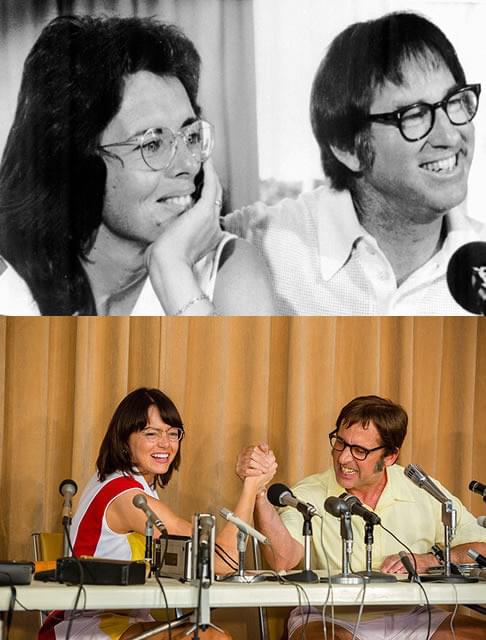 実際のビリー・ジーン・キング＆ ボビー・リッグス（上）と劇中シーン