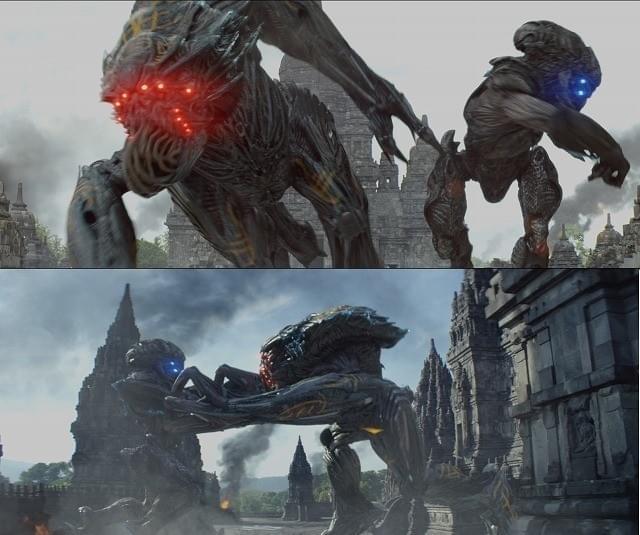 巨大エイリアンがぶつかり合うバトルシーン