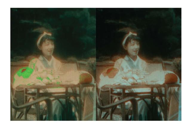 左側の画面で、二色式で表現不可能な色域に警告が表示されている