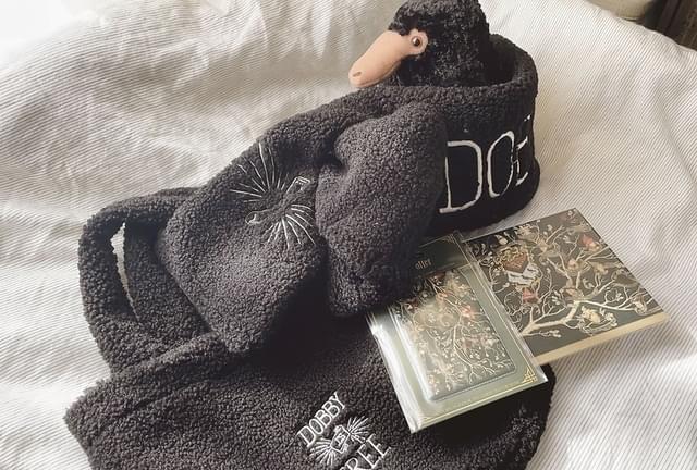 佐藤レモナさんのハリポタコレクション （「DOBBY IS FREE」の鞄とマフラー、ブラック家の家系図グッズなど）
