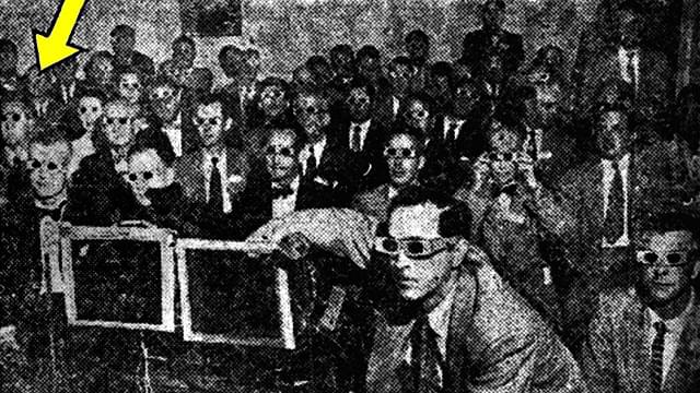 【図5】ABCの3Dテレビの公開実験風景。黄色の矢印が淀川長治氏