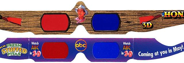 【図1】映画「ホンドー」(上)とABC 3Dウイーク(下)のアナグリフ放送用メガネ