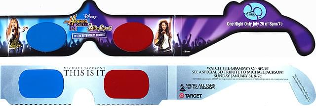 【図4】「ハンナ・モンタナ ザ・コンサート3D」(上)と「第52回グラミー・アワード」(下)のアナグリフ・メガネ