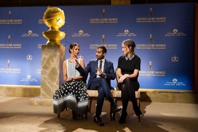 ノミネート発表のプレゼンターを務めたゾーイ・サルダナ、アジズ・アンサリ、オリビア・ワイルド