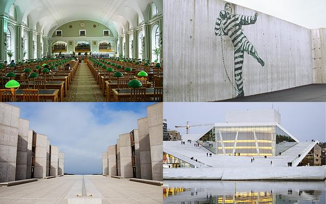 ロシア国立図書館（左上）、ハルデン刑務所（右上）、ソーク研究所（左下）、オスロ・オペラハウス（右下）