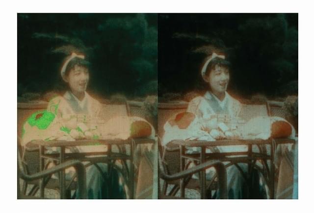 左側の画面で、二色式で表現不可能な色域に警告が表示されている