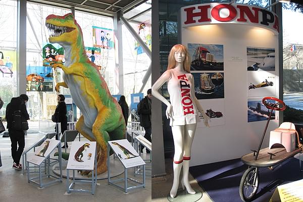 ホンダならぬHONPAの衣装を着たマネキン（右）と 絶滅の理由が記された恐竜