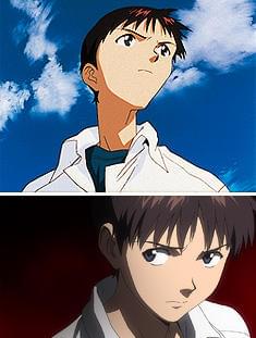 主人公は14歳の少年・碇シンジ （上）TV版／（下）新劇場版 より