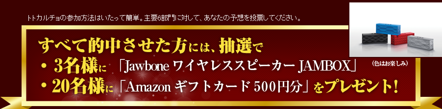 トトカルチョの参加方法はいたって簡単。主要6部門に対して、あなたの予想を投票してください。