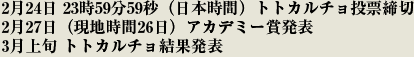 2月24日 23時59分59秒（日本時間）トトカルチョ投票締切／3月上旬 トトカルチョ結果発表